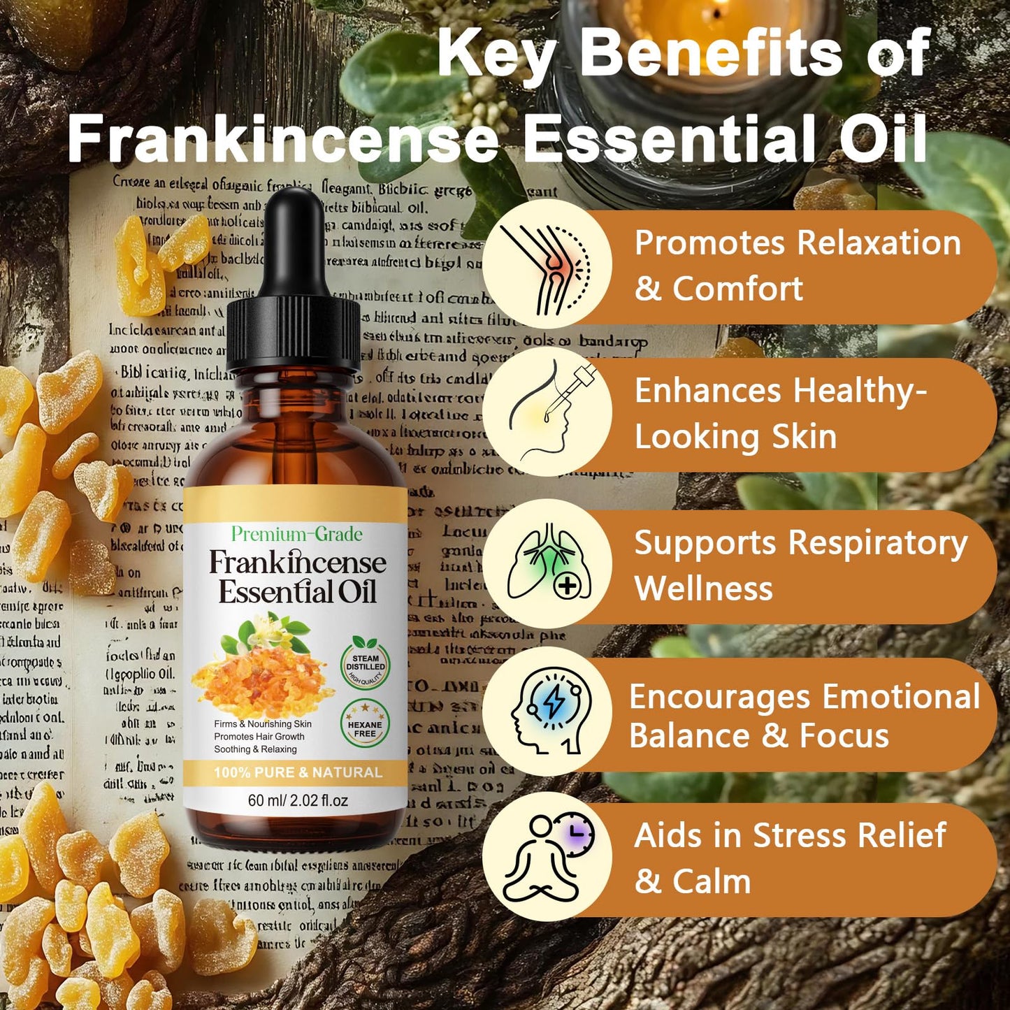Frankincense Resin Oil for Face 2.02 fl.oz, Reduces Fine Lines & Wrinkles, Soothes & Repairs Skin, Deep Hydration for Body, Anti-Aging Serum Frankincense Skin Essential Oil Wrinkle