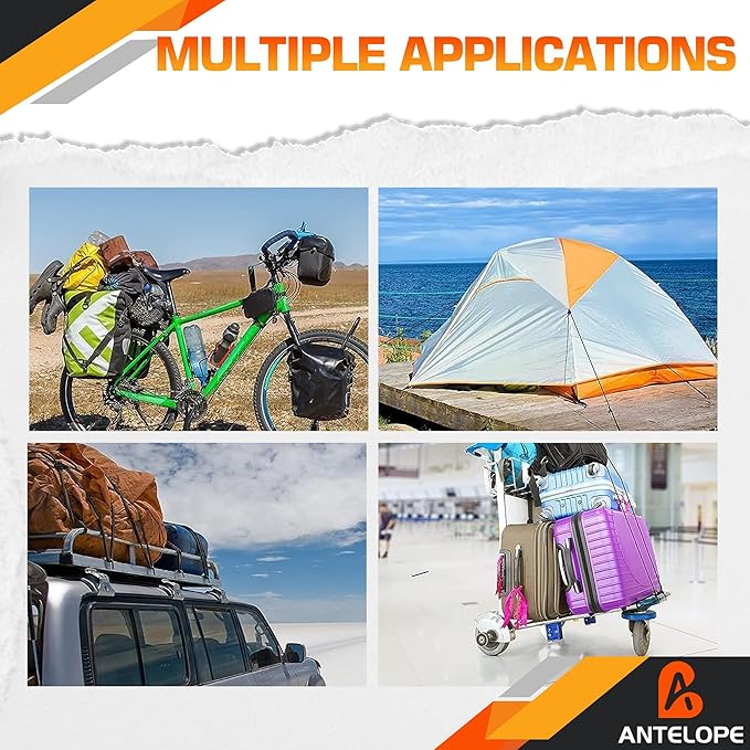 A ANTELOPE Outdoor Bungee Cord Assortment - Heavy Duty Set of 20 Bungee Cords (72") Double J Hooks - Multipurpose Elastic Straps for Fastening Tarps, ATV, Camping, Trucks, Motorcycles, Bicycles