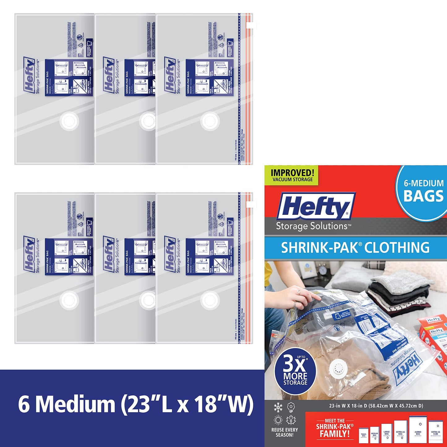 Hefty Shrink-Pak Vacuum Storage Bags - Space Saver for Under Bed Storage, Clothing and Comforters, 3X More Storage Space, 6 Medium Zipper Bags
