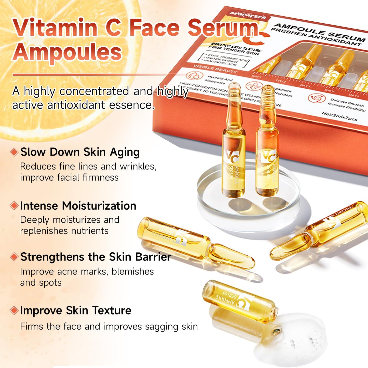 Vitamin C Face Serum, Hyaluronic Acid + Niacinamide + Ascorbic Acid, Anti Aging Facial Serum Ampoules for Wrinkles, Firmness & Moisturizing, Organic Vitamin C for Face with Three Boxes of 21 Ampoules