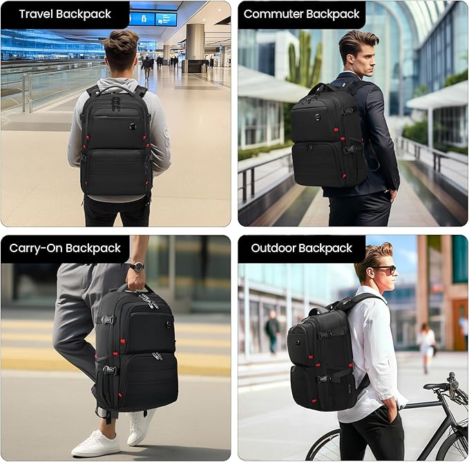 17.3 Large Laptop Backpack for Men Women 30l Travel Backpack Water Resistant Carry On Flight Anti-theft Computer Bag Expandable Rucksack Ergonomic Straps,Black