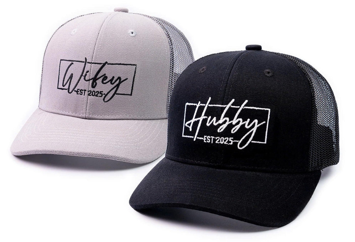 68LDROOTER Hubby & Wifey EST 2025 Trucker Hat Set – Matching Hats for Couples, Bridal Shower Gifts, Wedding Keepsakes, Newlywed for Him & Her