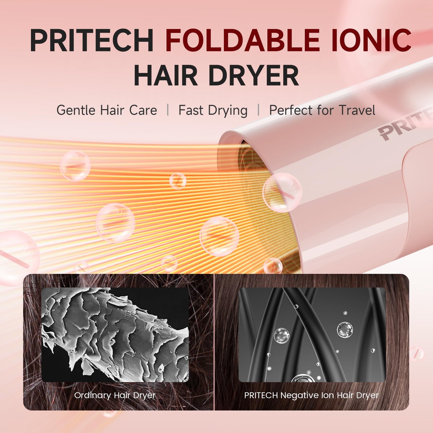 PRITECH 1250W Dual Voltage Travel Hair Dryer - Foldable Blow Dryer with Concentrator Diffuser,110V/220V Worldwide Use, Compact Lightweight Design, EU Plug Included