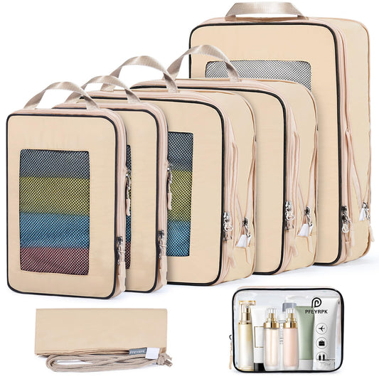 PFEYRPK 7 Set Compression Packing Cubes Packing Organizer for Travel,Travel Accessories for Carry on Luggage Suitcase Backpack Expandable Organizers(Khaki)