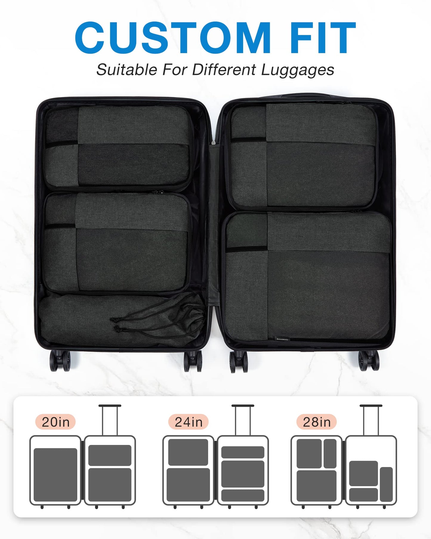 BAGSMART Compression Packing Cubes for Travel, 6 Set Packing Cubes for Carry on Suitcases, Compression Travel Cubes & Suitcase Organizer for Packing with Shoe Bag Black