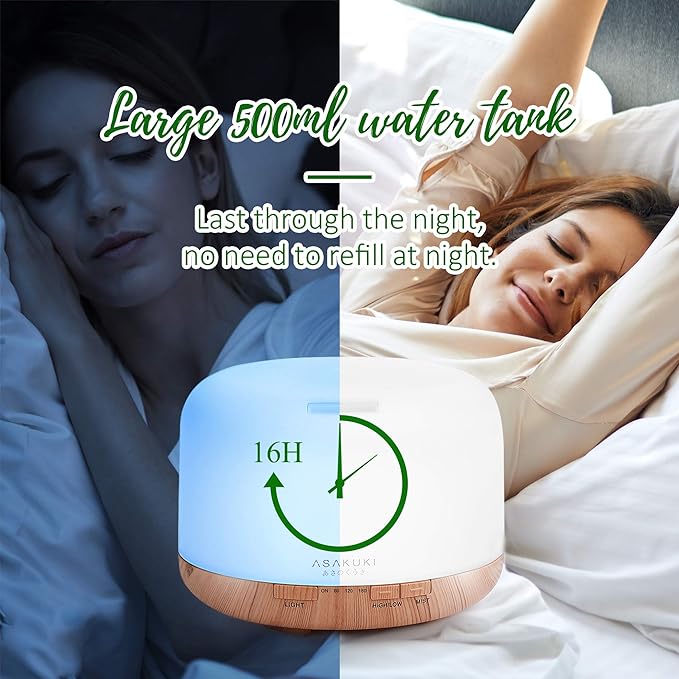 ASAKUKI Oil Diffuser with Essential Oils Set, 500ml Aromatherapy Humidifier with 14 LED Colors & Auto Shut-Off - 6 Oil Gift Pack(Lavender Eucalyptus Tea Tree Orange Peppermint Lemongrass)