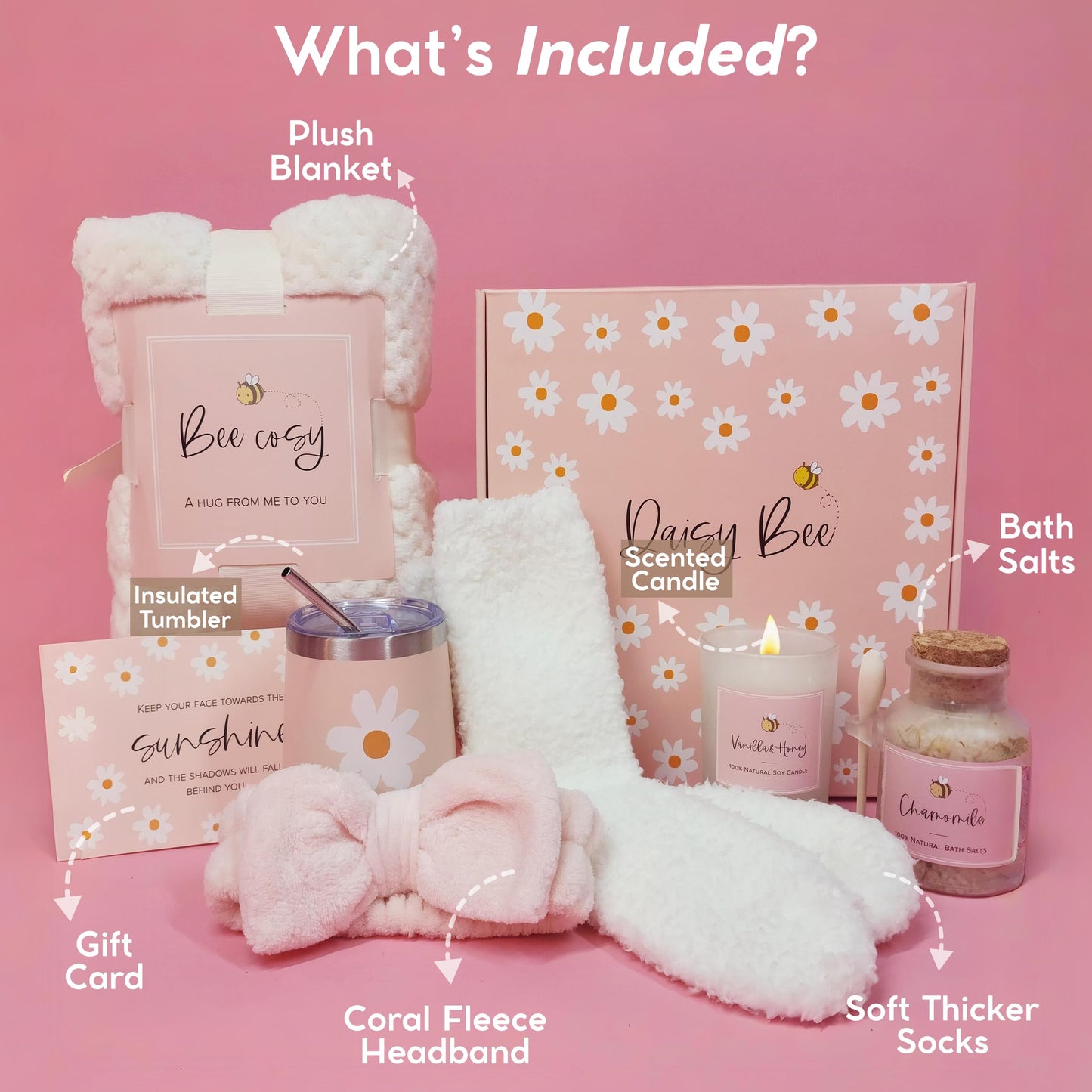 DaisyBee(7PC) Birthday Gift Hamper for Women, Get Well Soon Gift Set, Self Care Gifts for Girls with Cozy Blanket, Bow Headband, Aroma Candle, Tumbler, Mothers Day Gifts, Relaxation Care Package Set