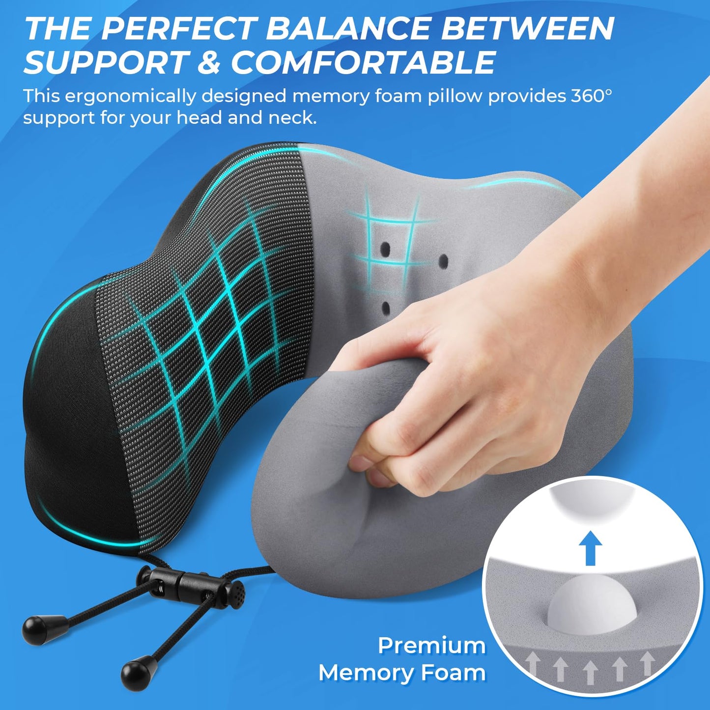 ExploreBliss Travel Pillow, Travel Pillows for Sleeping Airplane, Removable Cover Neck Pillow with Adjustable Clasp, Memory Foam Neck Pillow Set with Eye Mask, Earplugs and Storage Bag (Black)