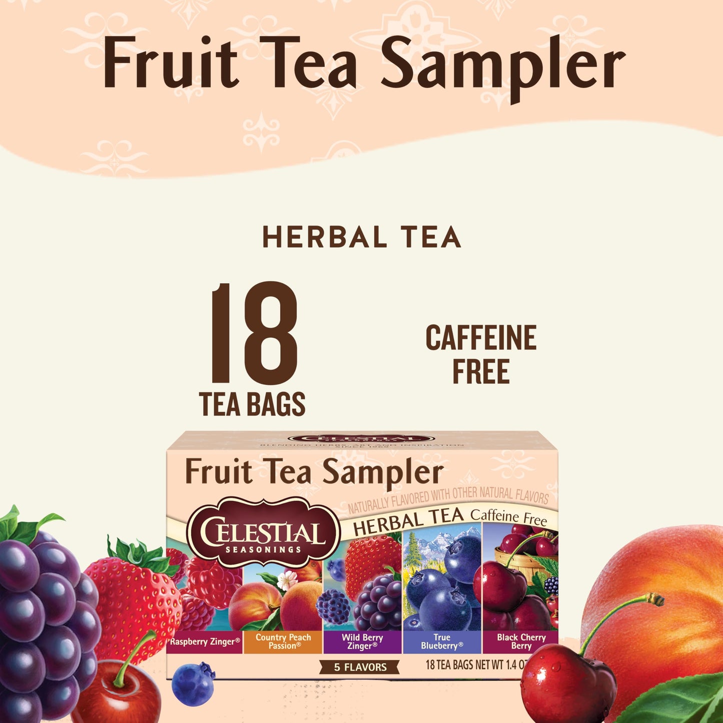 Celestial Seasonings Fruit Tea Sampler Herbal Tea Variety Pack, Caffeine Free, 18 Tea Bags Per Box