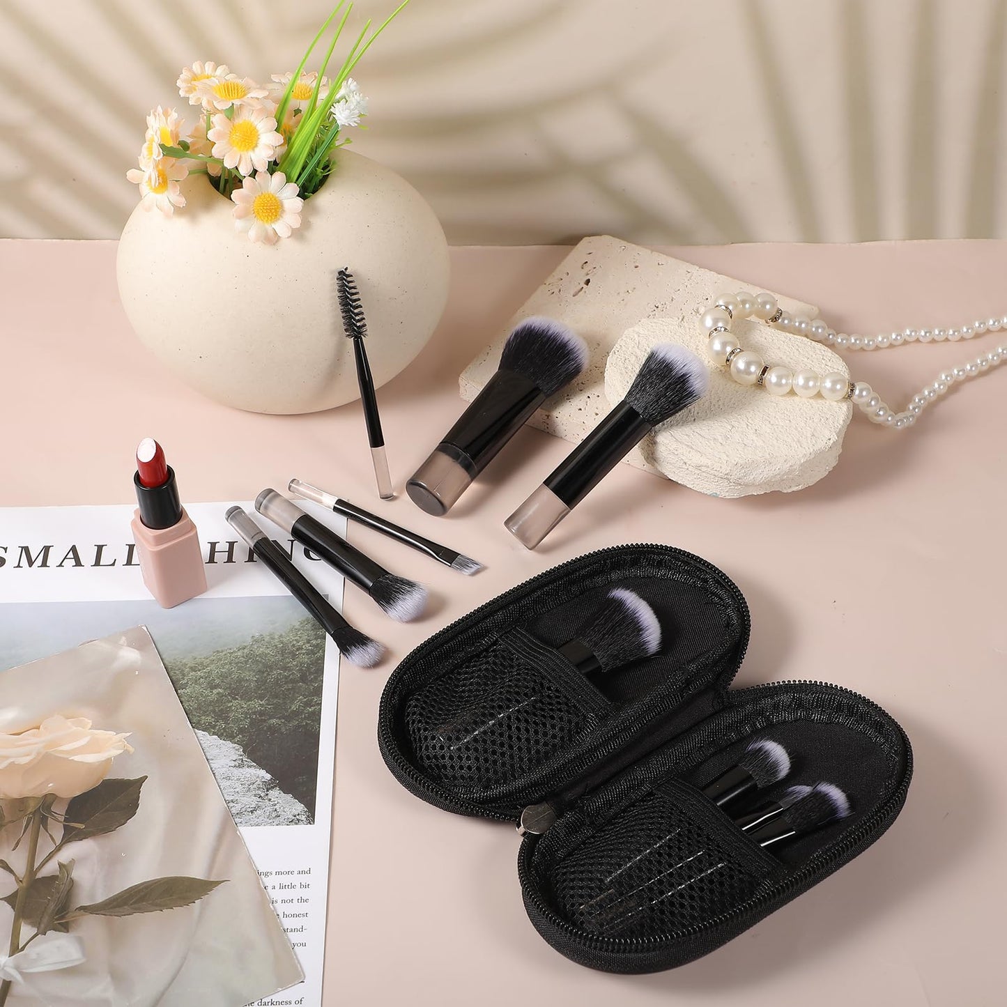 JIYIN 10 PCS Mini Travel Makeup Brushes Set, Black Portable Full Complete Function Cosmetic Kit with Brush Pouch Professional Makeup Brush Set for Women Girls Brush Blush Powder Eye Shadow