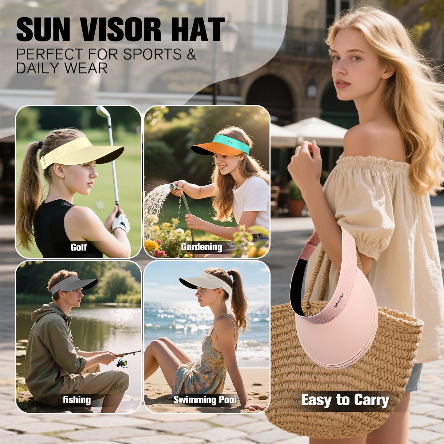 YANIKY Sun Visor for Women Wide Brim Summer UPF50+ UV Protection Seamless Sun Hats Foldable Beach Cap (US, Alpha, One Size, Pink)