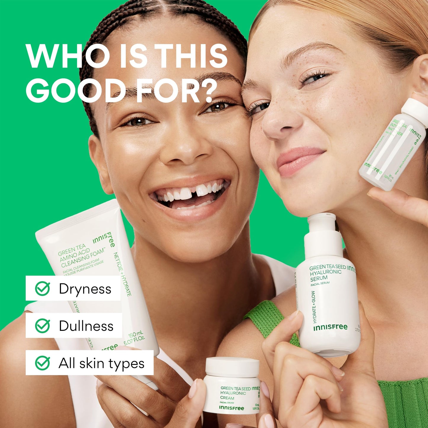 innisfree Hydration Heroes Set with Green Tea, Korean Skincare Kit Featuring Moisturizing Serum, Toner, Cleanser & Cream