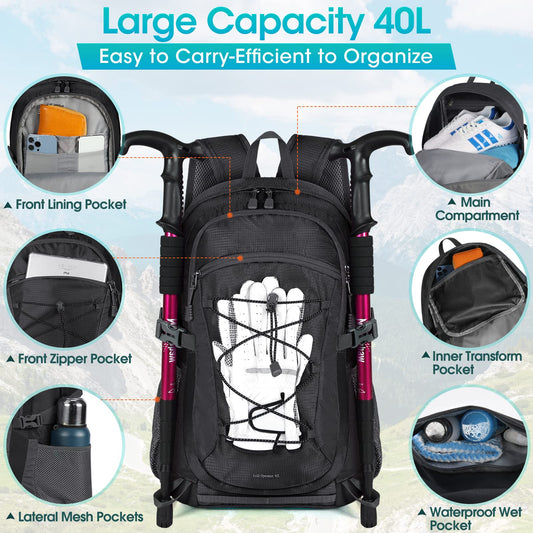 RAINSMORE Hiking Backpack 40L Waterproof Camping Lightweight Packable Backpack for Women Men Outdoor Travel Daypack