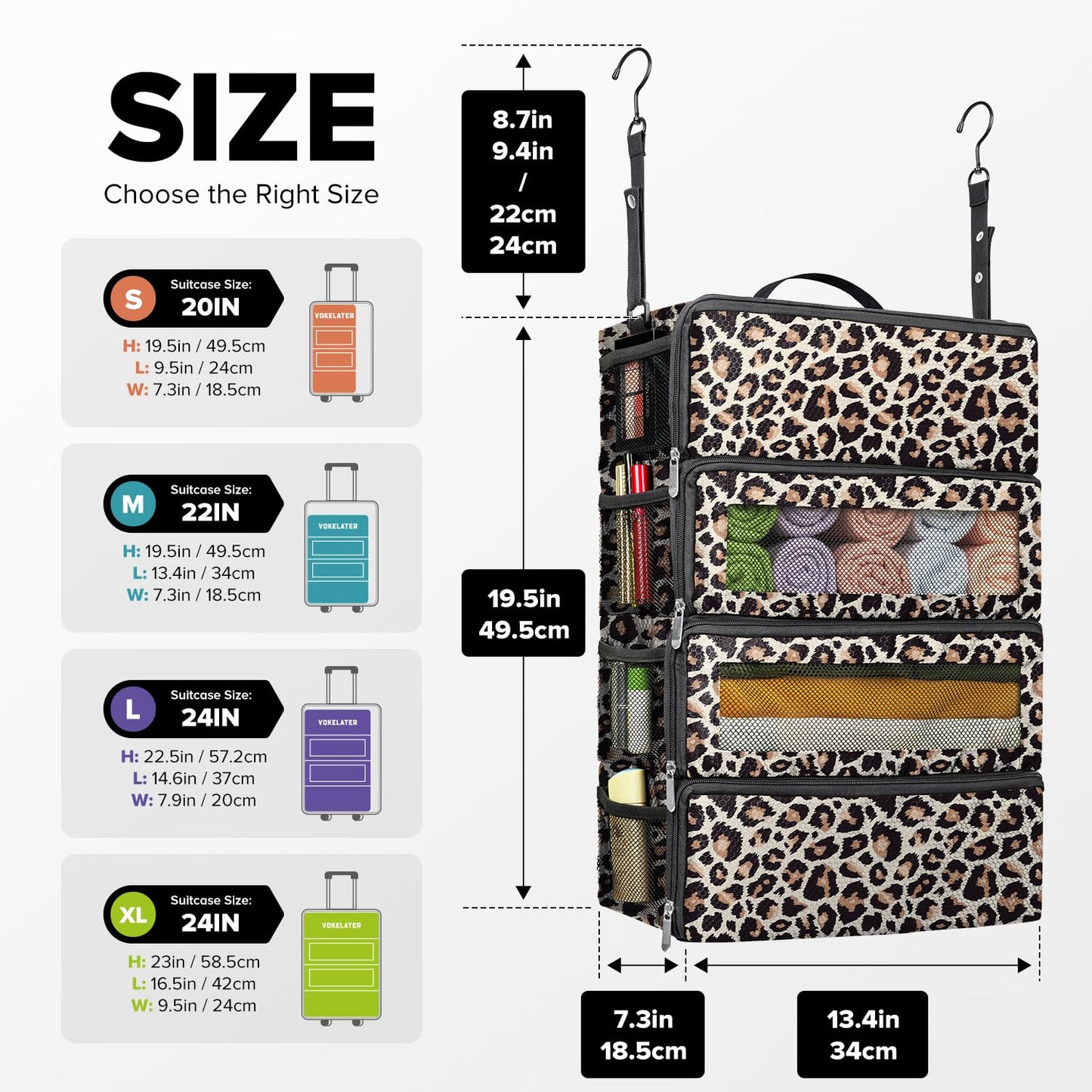 Suitcase Organizer, Travel Luggage Organizer Hanging Shelves Packing Cube Closet/Collapsible Portable Travel Organizer for Carry-on, Medium, Leopard Print
