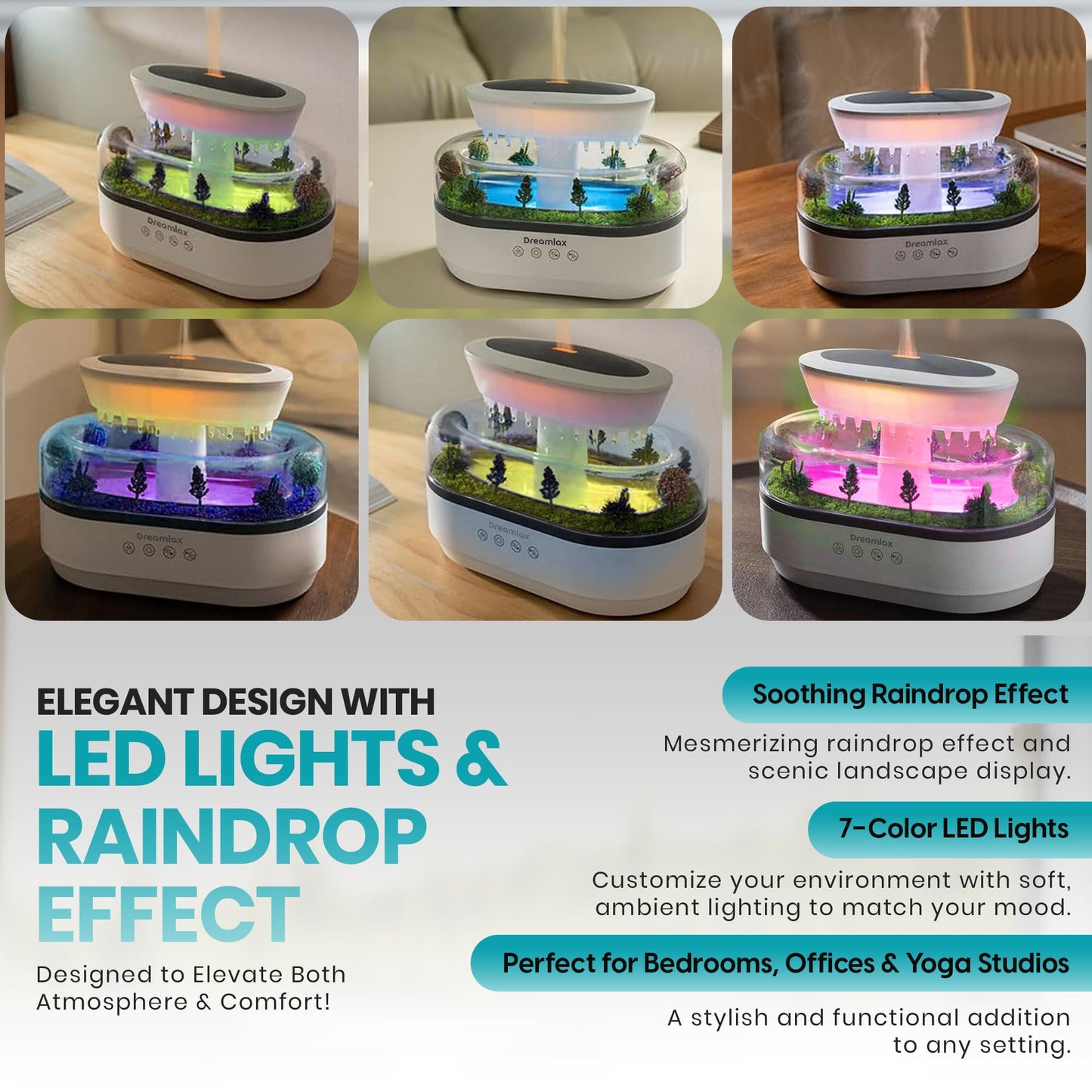 Dreamlax Rain Humidifiers for Bedroom – Cool Mist Essential Oil Diffuser, White Noise Machine with 10 Nature Sounds, 7 LED Lights, Remote Control & Decorative Raindrop Lamp