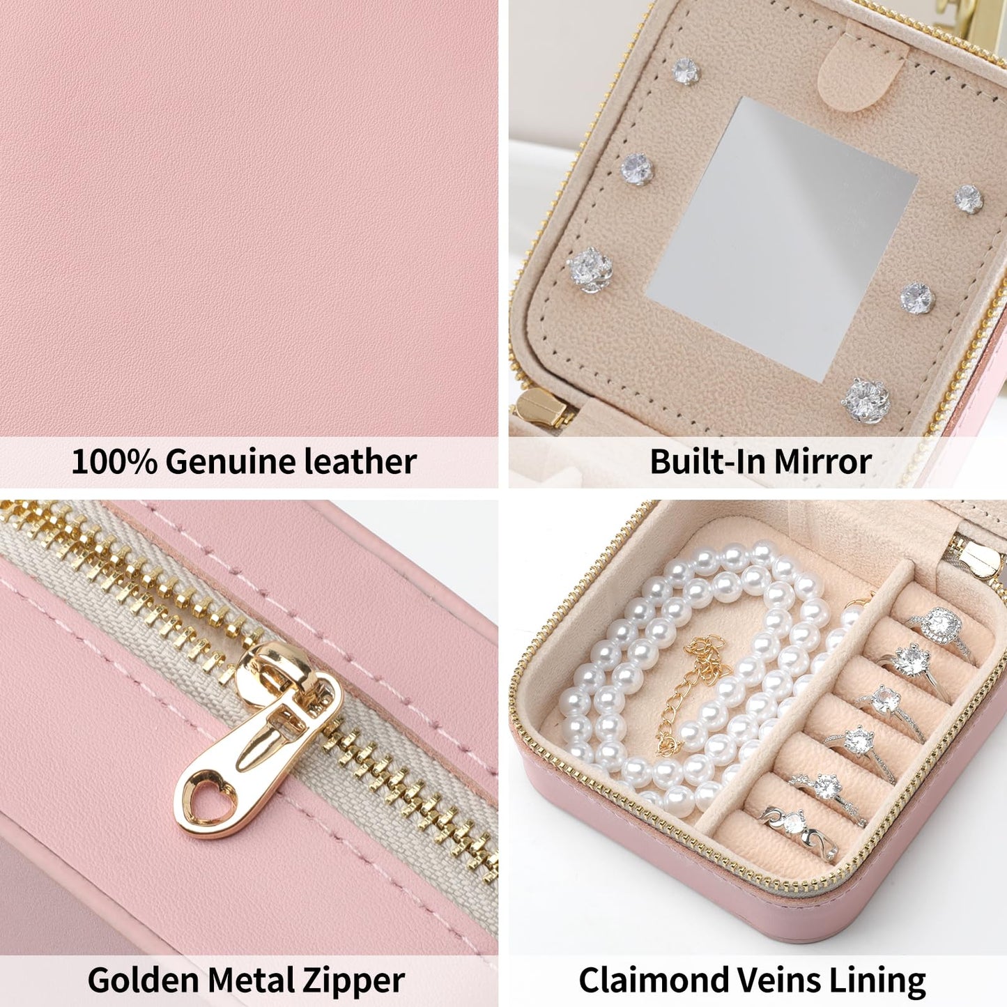 NGVRC Genuine Leather Travel Jewelry Case Organizer with Mirror for Women, Small Jewelry Box Portable Mini Jewelry Case for Earring, Ring, Necklace, Bracelet(Pink)