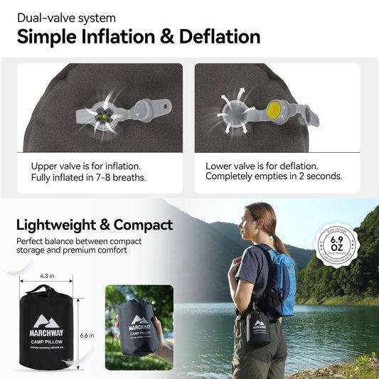 MARCHWAY Inflatable Camping Pillow with Comfortable Foam Top, Dual-Sided Support, Lightweight Compact Travel Pillow for Hiking, Backpacking, Airplane, Car (Green)