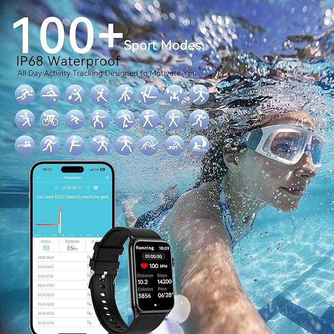 KPEP Health Fitness Watch with LED Flashlight, 24/7 Stress/Blood Pressure/SpO2/Heart Rate/Sleep Monitor, 100+ Sport Modes Calorie Counter Pedometer IP68 Waterproof Fitness Tracker for Men Women, Pink