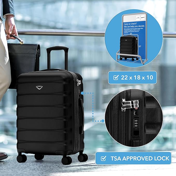 Carry On Suitcase Hardside TSA Lock & USB Port Silent Double Spinner Wheels Maximum Overhead Carry-On Bag Approved For Many Airlines( 22x18x10" ,Black )