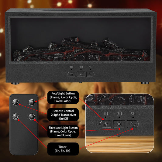 ONLYFU Mini Fireplace Aromatherapy Diffuser 7 Color Lights Fireside Bonfire Flame Air Humidifier for Home 150ml Timer & Auto-Off Essential Oil Diffuser with Remote for Spa, Yoga, Office (Black)