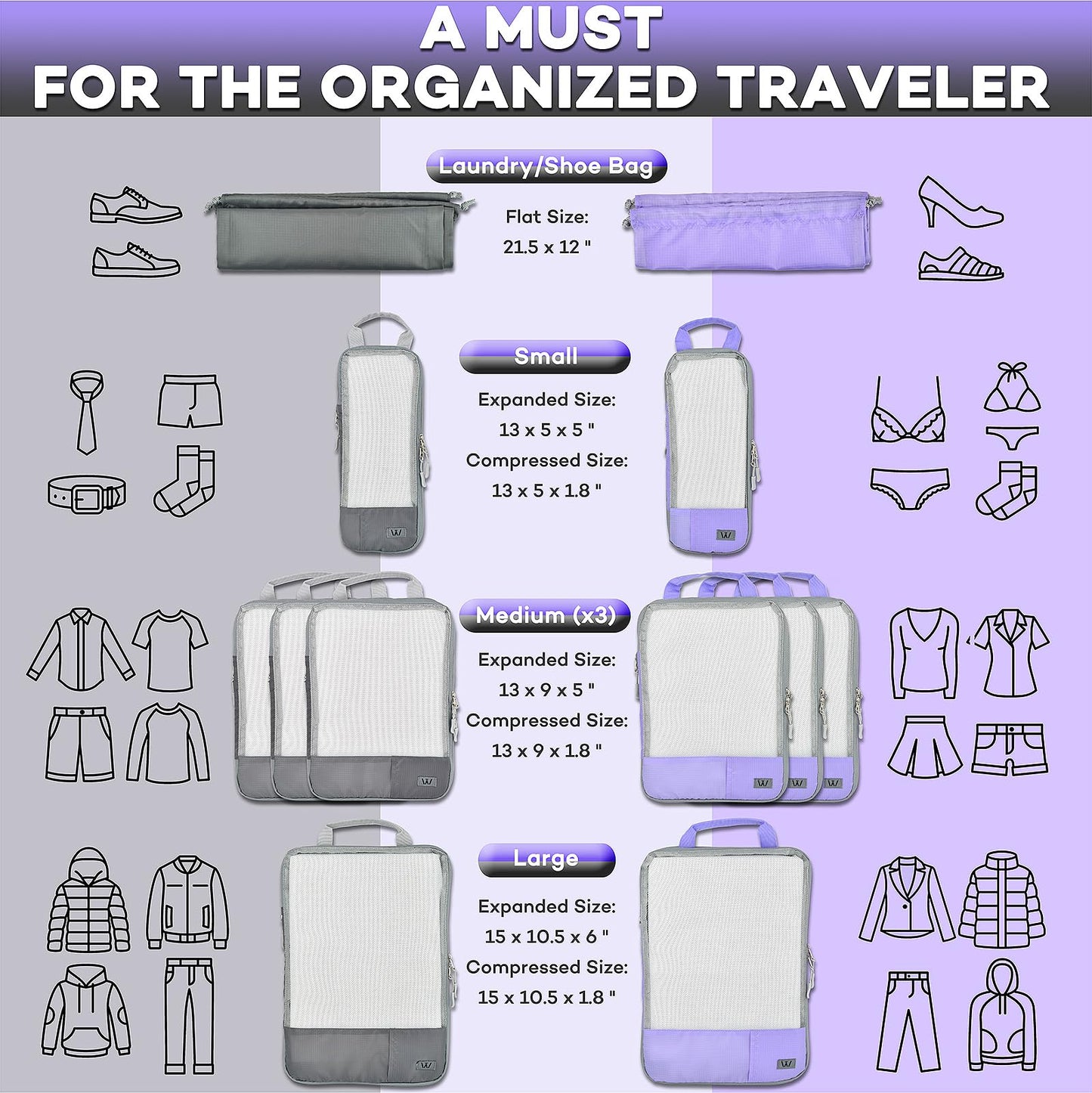 12 Pc Set Compression Packing Cubes - WONGLE His and Hers Family Travel Organizer Compressible Packing Cubes for Suitcases, Luggage Organizer Bags, Travel Accessories, Shoe Bag (Purple/Grey)