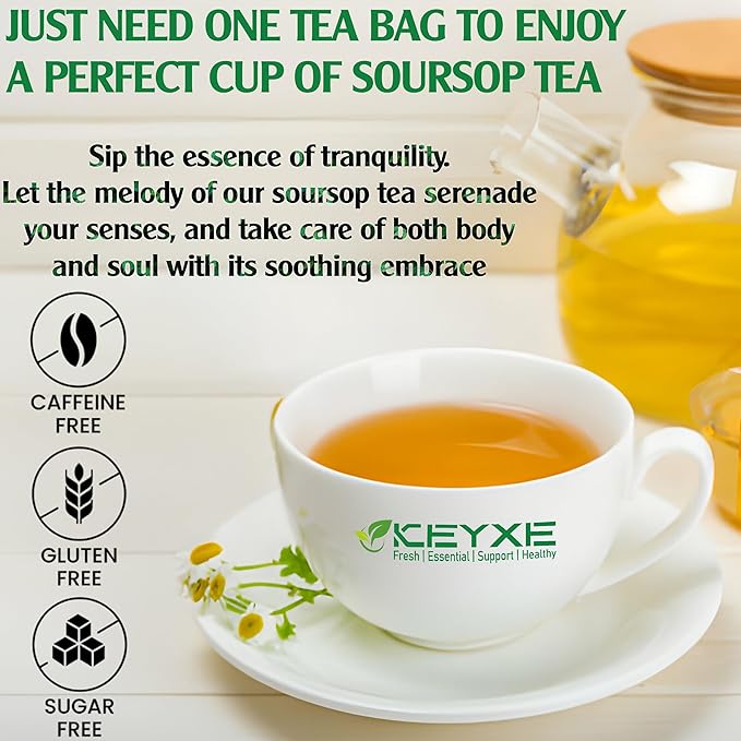 KEYXE - USDA Organic Soursop Graviola Leaves Tea 50 Bags. Non-GMO Verified , 100% Organic Soursop Leaves for Digestion, Boosting Immune, Improving Sleep & Skin Health, Gluten Free, Caffein Free , Hojas De Guanabana Tea Organica, Eco-Conscious Tea Bags