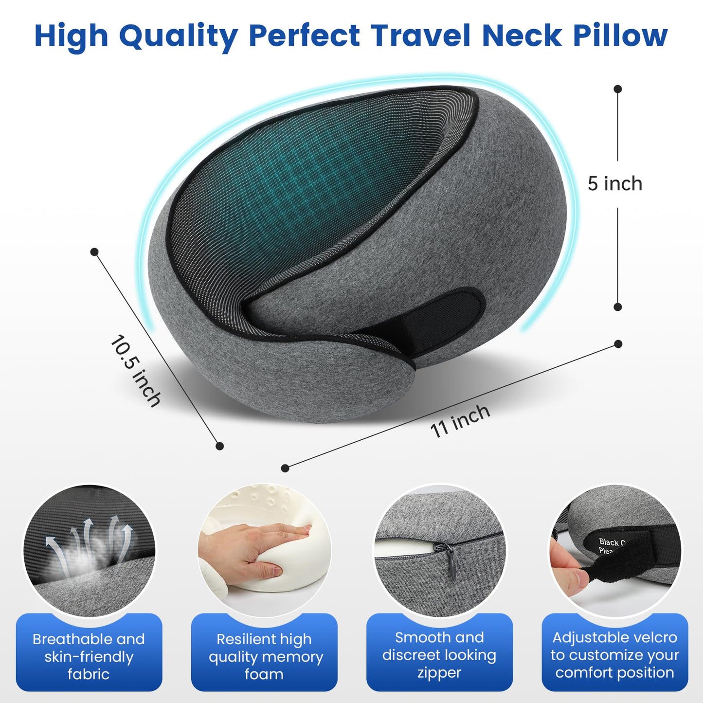 Neck Pillow for Airplane Travel Memory Foam Neck Travel Pillow with Eye Mask & Ear Plugs, Portable Carry Bag for The Comfort of Travel & Office, Travel Pillow for Plane, Car, Home, Work, Dark Grey