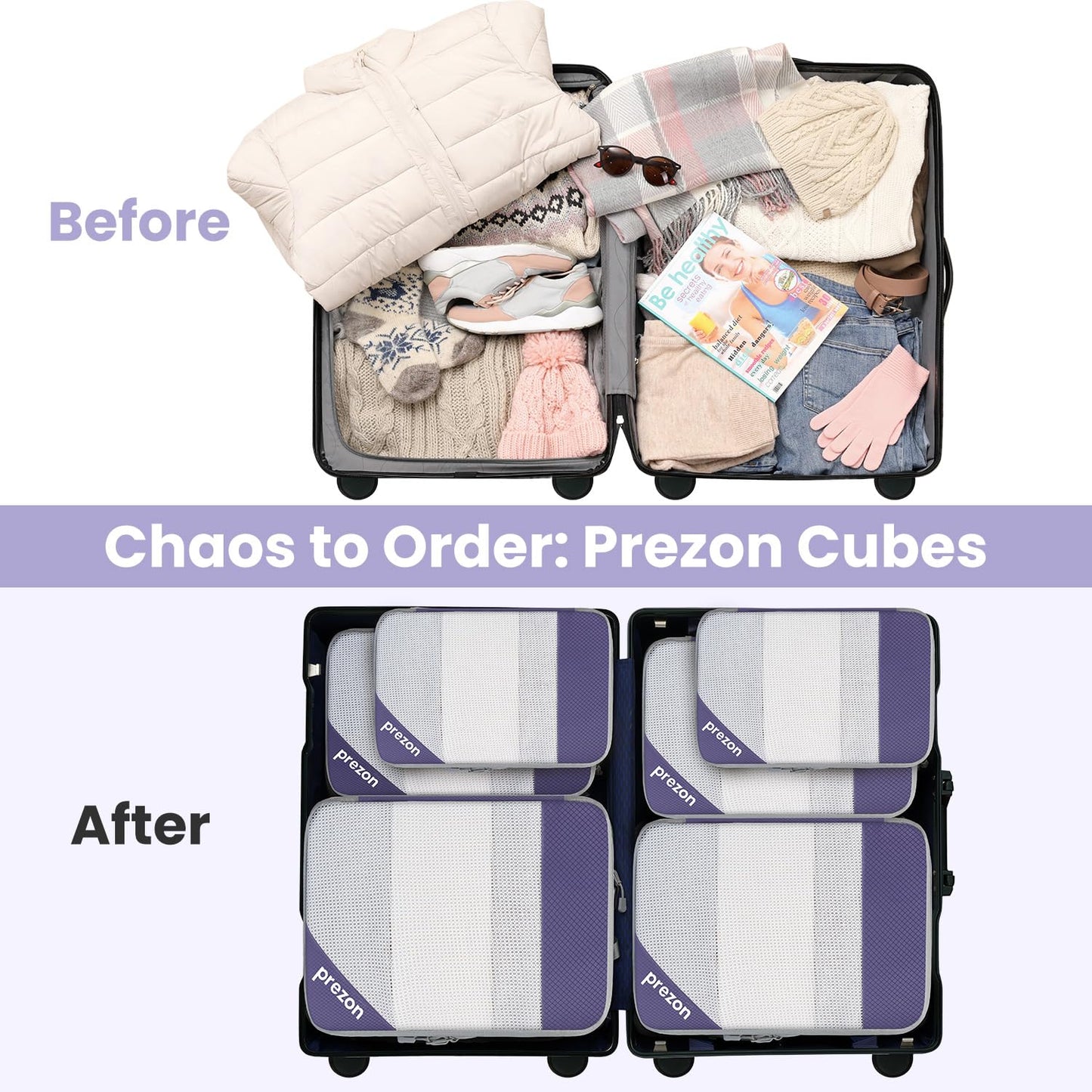 Prezon 8 Set/6 Set/4 Set Compression Packing Cubes for Travel, Lightweight Vacation Travel Essentials,Accessories for Suitcase Organizer Bags Set, Durable Luggage Organizer (6-half mesh-Purple)