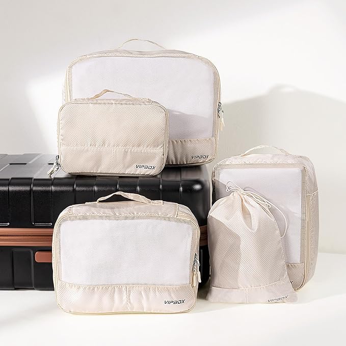 5 Set Packing Cubes Travel for Luggage Durable Suitcases Organizer Bags Lightweight Airplane Travel Vacation Essentials Accessories for Carry on (Cream)