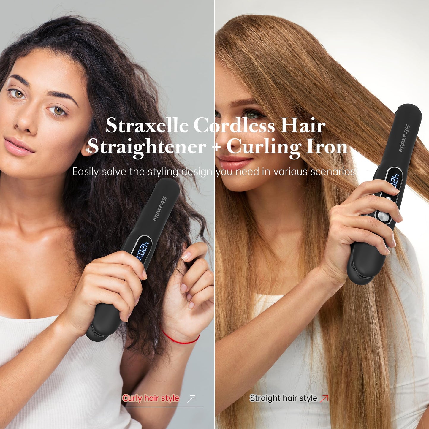 Cordless Hair Straightener and Curler 2 in 1, Portable Mini Flat Iron Adjustable 350°F-420°F Mini Travel Hair Straightener LED Display/5000mAh Ceramic Flat iron hair straightener for Women Men (Black)