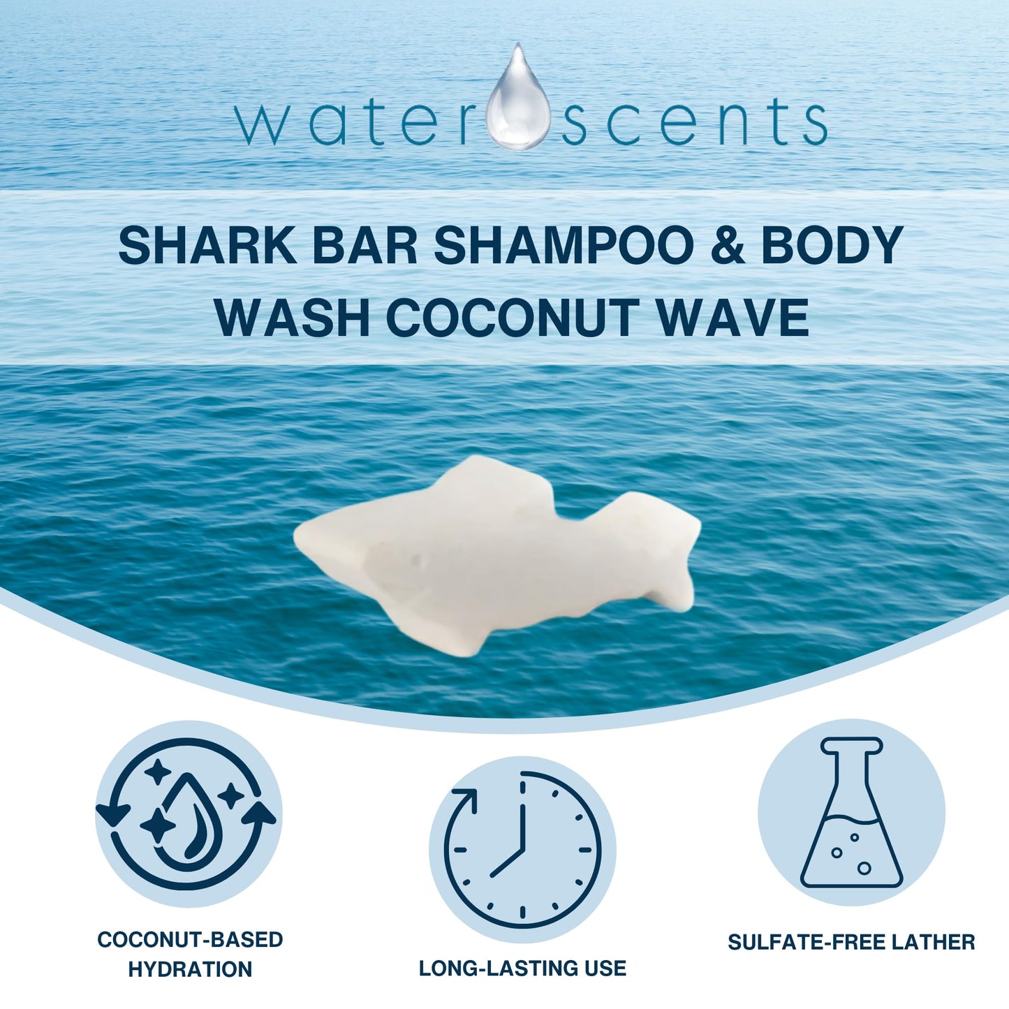 Water Scents 2-in-1 Shark Bar Shampoo & Body Wash – Coconut Wave | Natural, Vegan, Moisturizing Bar Soap for Hair & Skin | Solid, Travel-Friendly, USA Made | 6 Packs