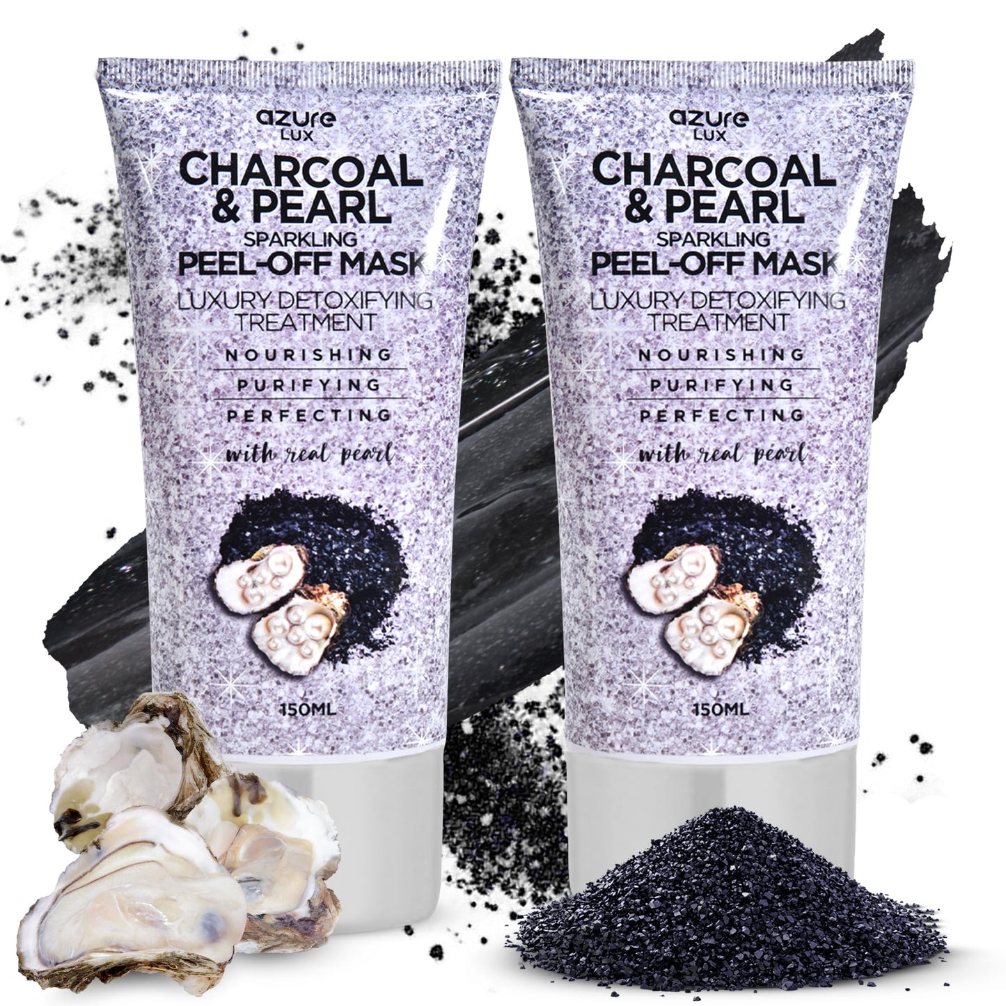 AZURE Charcoal & Pearl Sparkling Peel-Off Mask - Korean Skincare for Anti-Aging, Dirt & Oil Control with Hyaluronic Acid & Collagen - Moisturizing & Purifying Face Mask - 150 ml - Pack of 2