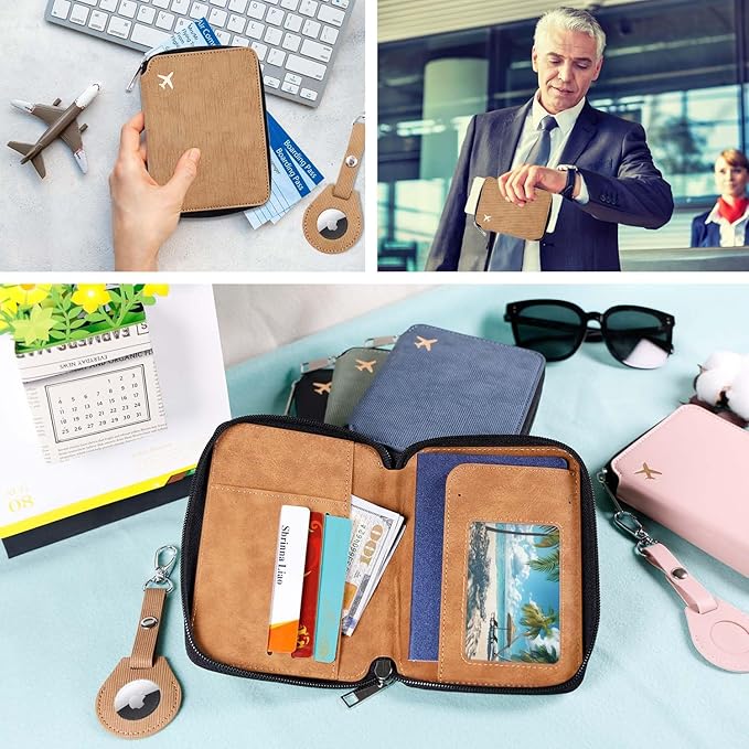 Cnycmy Passport Holder With Airtag, RFID Wallet for Women, Waterproof PU Leather Travel Case With Slot (Brown3)