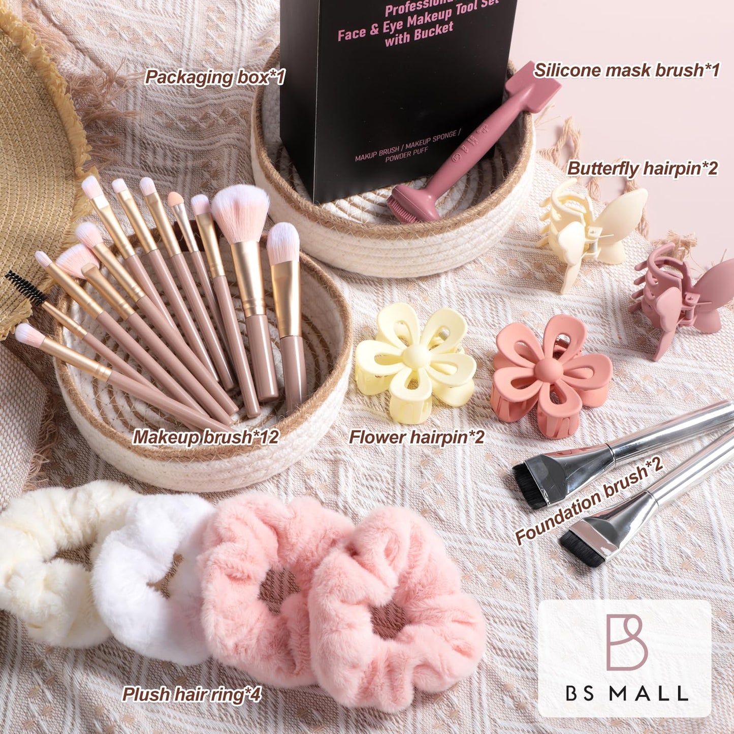 BS-MALL Travel Makeup Brush Set 23 Pcs,with Hair Ties, Clips & Dual-Head Silicone Face Mask Brush for Flawless Makeup For Girls Party Bedroom