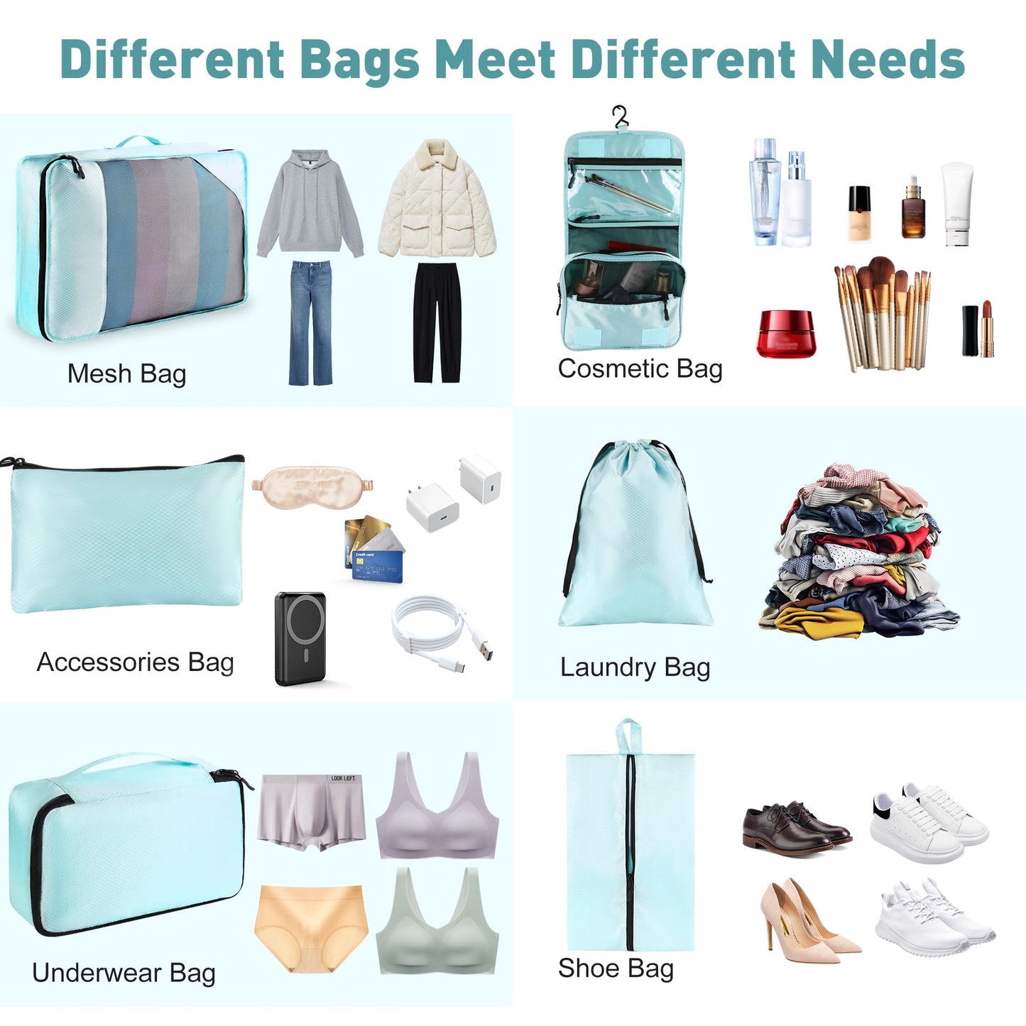 Toncoke 8-Piece Packing Cubes for Travel, Mesh Luggage Organizers with Shoe Bag, Toiletry Bag, Laundry Pouches, 4 Sizes (XL/L/M/S) for Suitcase Organization, Men Women Kids, Lake Blue