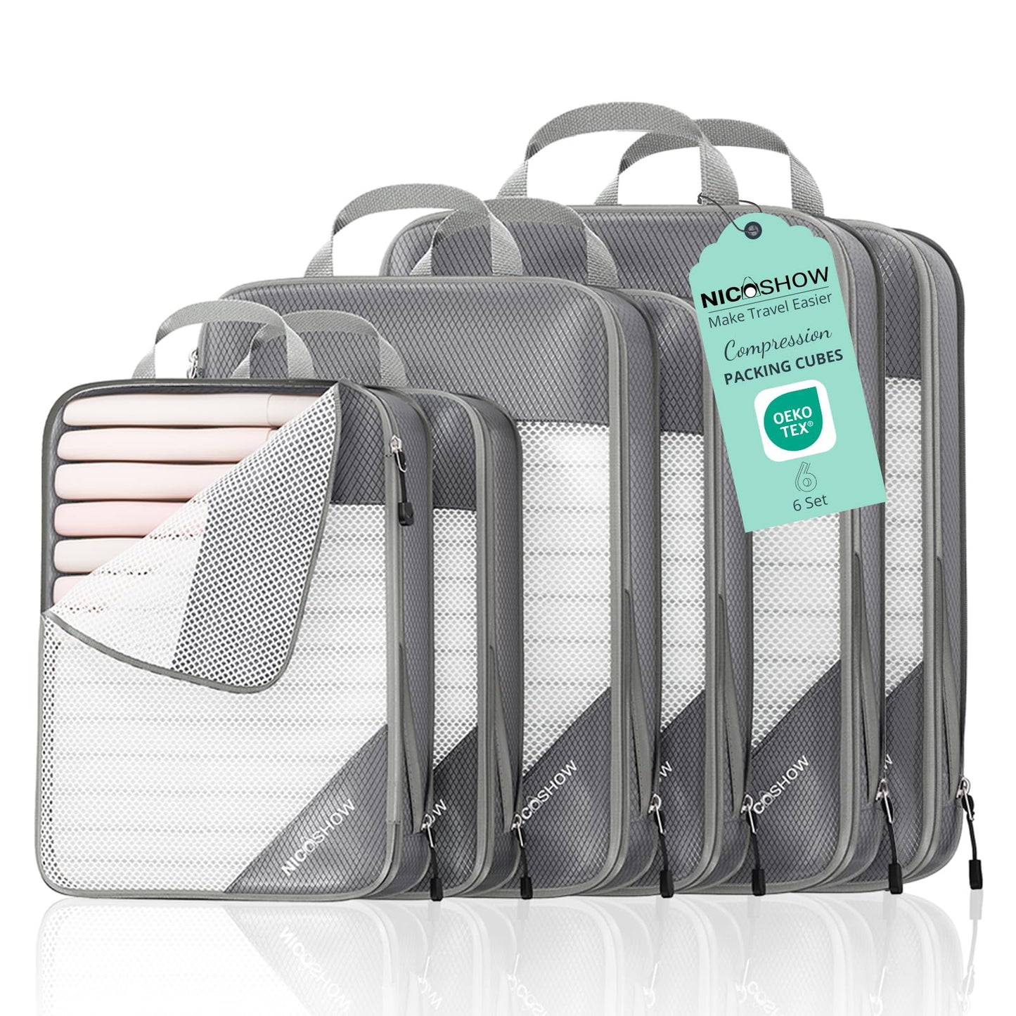 NICOSHOW 6 Set Compression Packing Cubes for Travel - Compressible, Lightweight, and Space-Saving Packing Cubes, Travel Essentials for Women, Grey