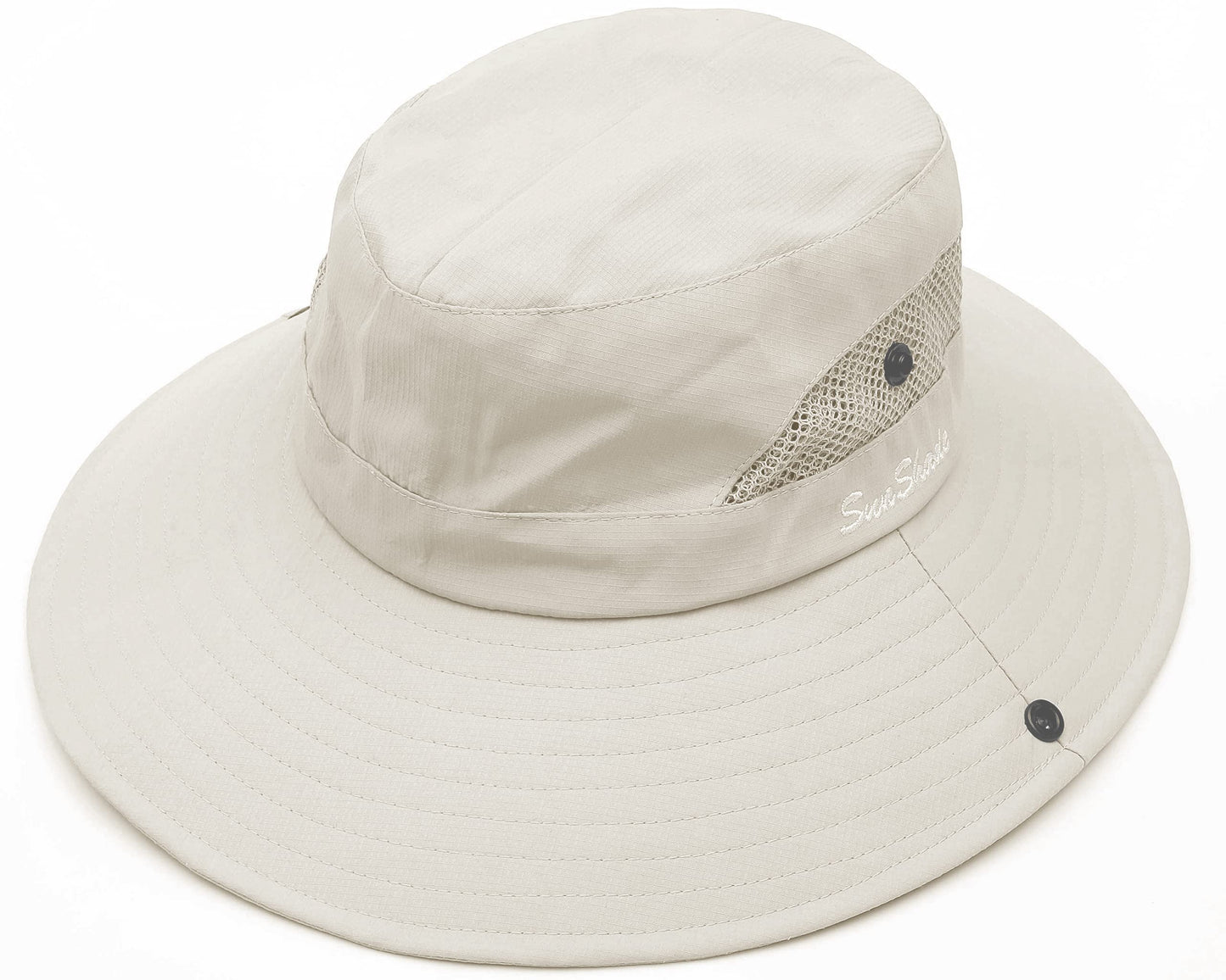 Women's Outdoor UV-Protection-Foldable Sun-Hats Mesh Wide-Brim Beach Fishing Hat with Ponytail-Hole Beige