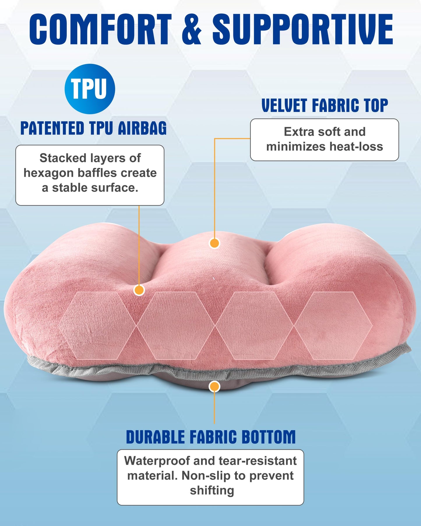 Kampair Ultralight Inflatable Camping Pillow for Sleeping – Soft Velvet Cover, Compact & Portable, Ergonomic Neck Support, Machine Washable Air Pillow, Perfect for Travel, Hiking, Backpacking – Pink