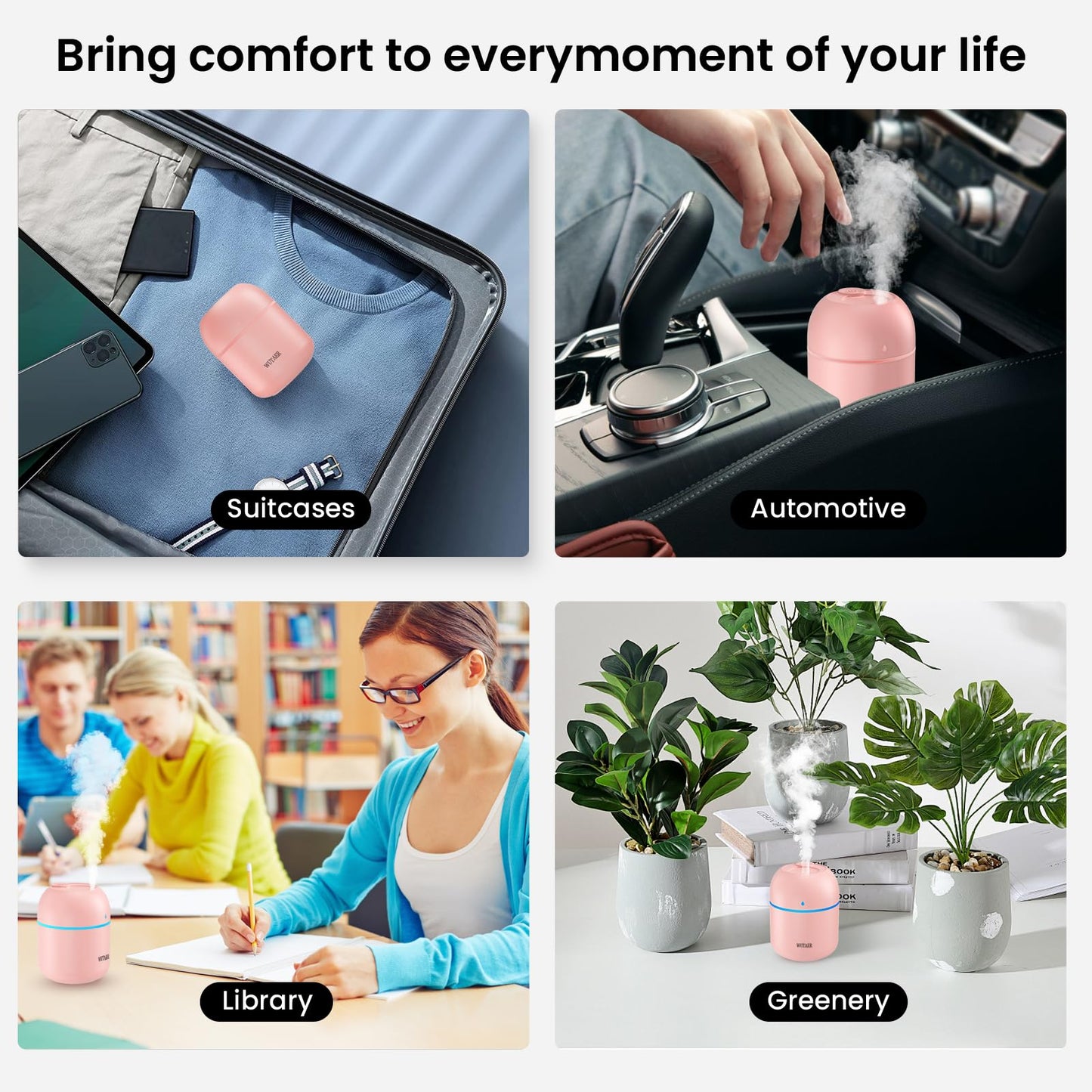 Portable Small Humidifier, WUTAER USB Personal Desktop Humidifier for Car, Office Room, Bedroom, Auto Shut-Off, 2 Mist Modes, Super Quiet(220ml, Pink)