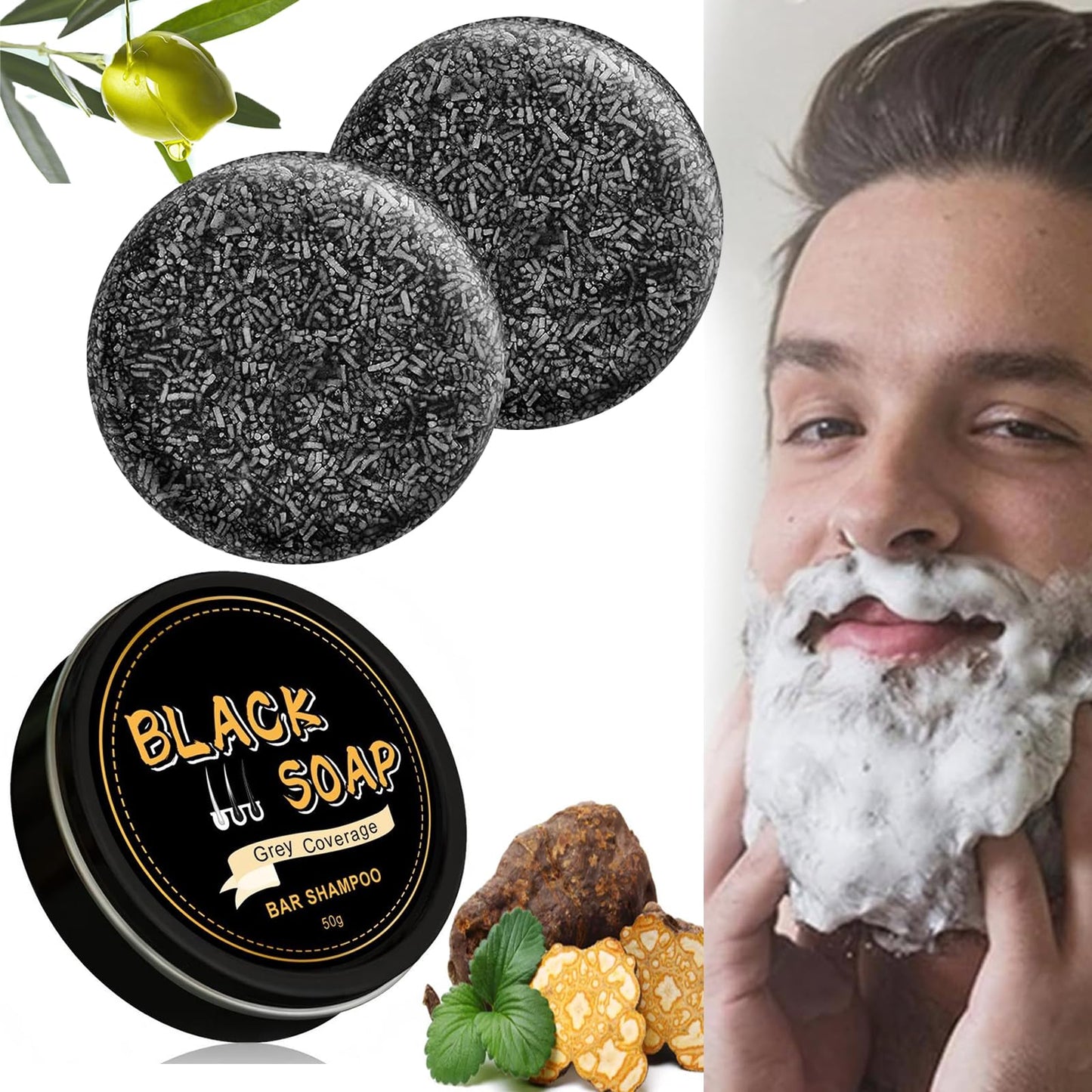 Gray Hair Reverse Bar Soap, Natural Black Soap for Hair & Beard Darkening,Darkening Shampoo Bar with Ginseng & Black Sesame, Vegan, Deep Cleans & Nourishes Scalp, 2PACK