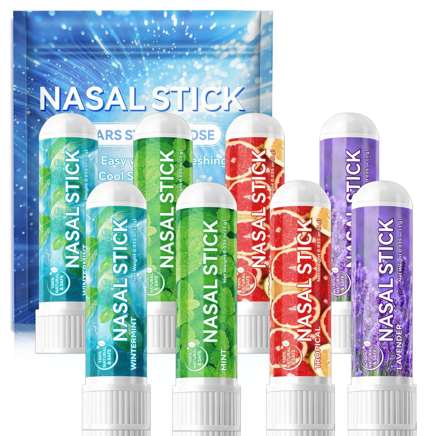 HUALIJIA Nasal Sticks (8 Pack), Nose Inhaler Stick with Essential Oils + Menthol (Mint, Wintermint, Tropical, Lavender) - Enhance Focus & Breathe Better, Provides Fresh Cooling Sensation