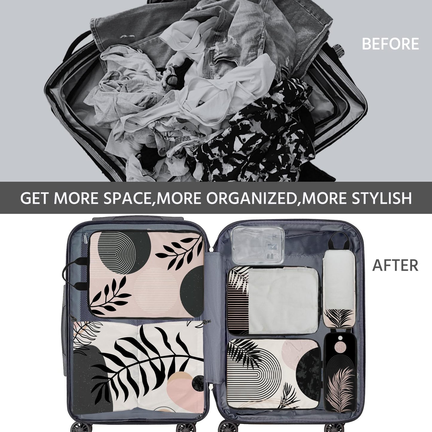 7 Pcs Compression Packing Cubes for Travel, Waterproof Suitcase Luggage Backpack Organizer with Toiletry Bag Travel Essentials for Women/Men-Black Bohemia