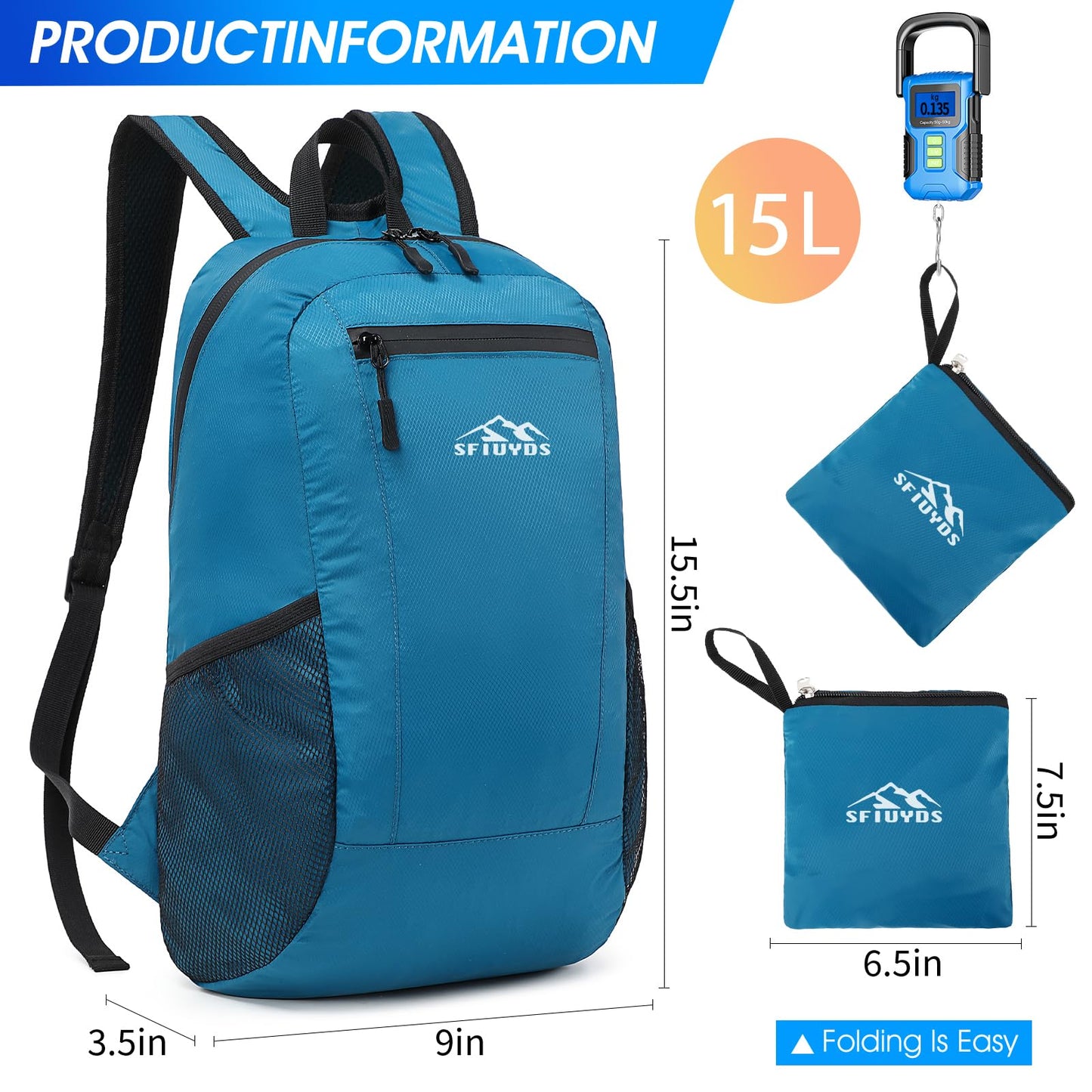 SFIUYDS 15L Lightweight Hiking Backpack Small,Waterproof Hiking Daypack,Foldable Backpack for Travel,Ultralight Daypack