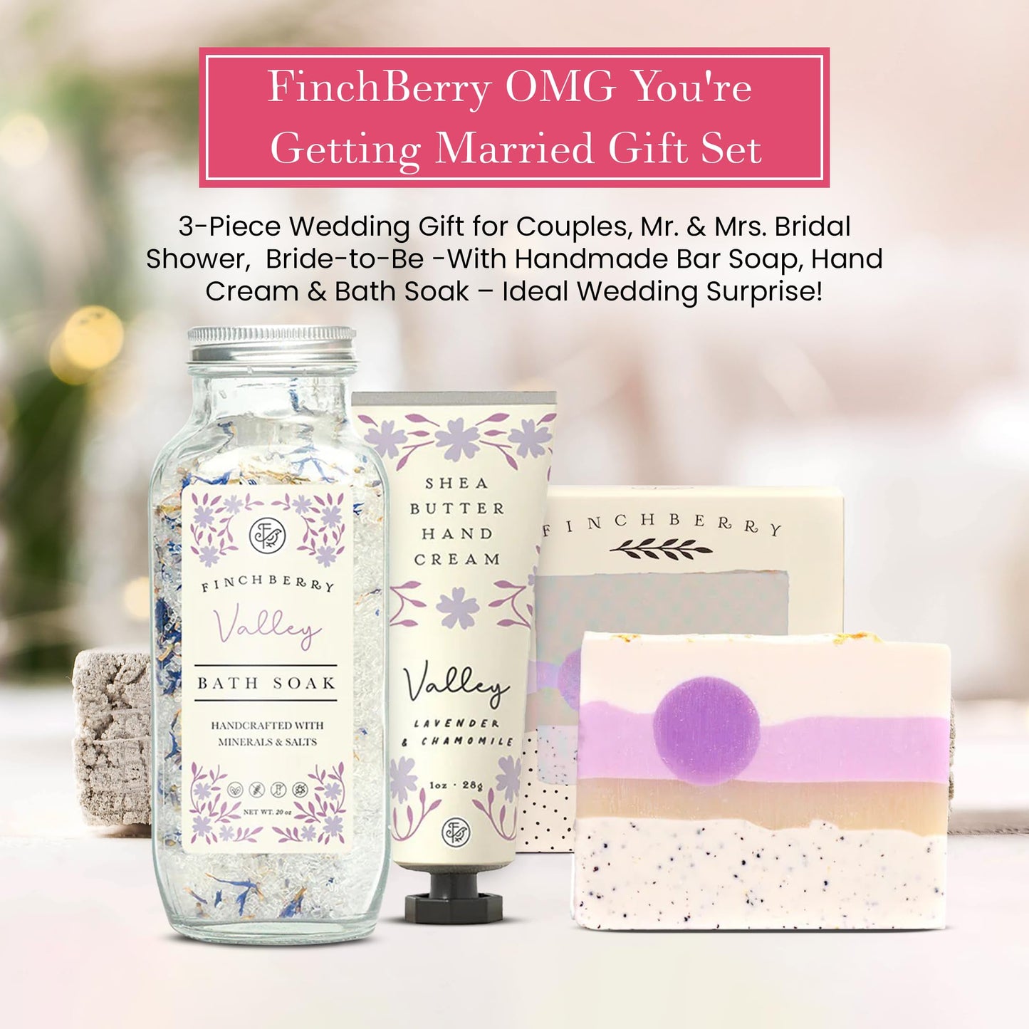 FinchBerry OMG You're Getting Married Gift Set โ 3-Piece Wedding Gift for Couples, Mr. & Mrs., Bridal Shower, Bride-to-Be โ With Luxurious Soap Bar, Hand Cream & Bath Soak โ Ideal Wedding Surprise!