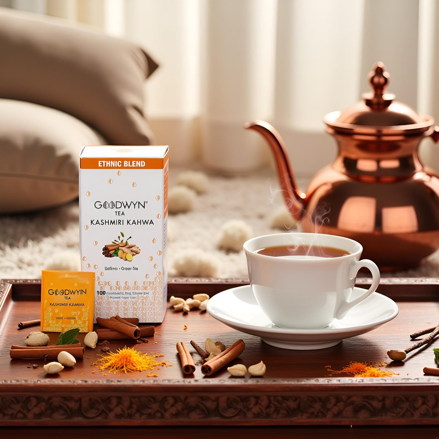 Goodwyn Kashmiri Kahwa Green Tea – 100 Individually Wrapped Tea Bags | Desi Kahwa, Kashmiri Chai, Saffron ,Cardamom Tea & Ginger Tea Blend with Natural Indian Spices | Low Caffeine, Sugar Free Herbal Qahwa | Plastic Free & Travel Friendly | Authentic Indi