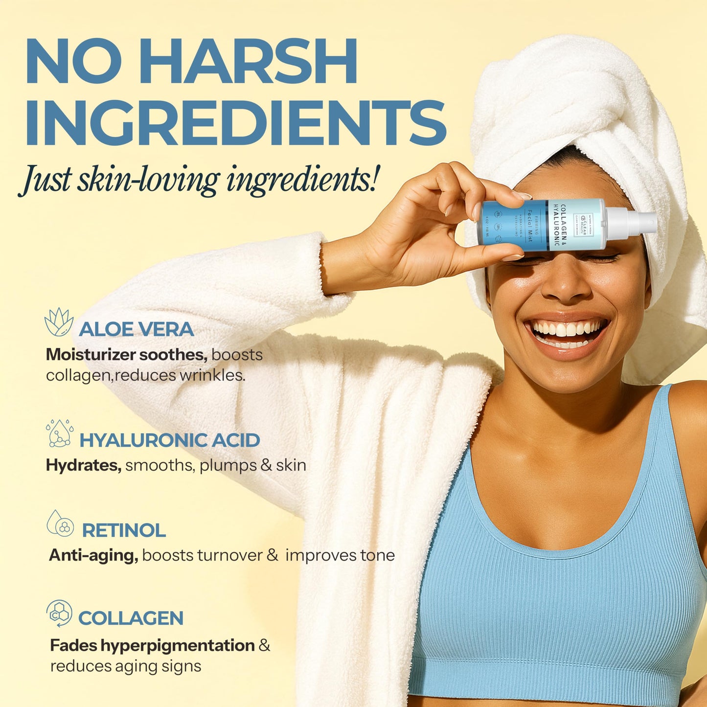 Clear Beauty Hyaluronic Acid & Collagen Face Mist - Dermatologist Tested, Moisturizes & Tones Skin, Anti-Aging, Natural Ingredients, Cruelty-Free, 95% Natural - All Skin Types - 4 OZ