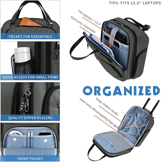 KROSER Carry On Underseat Multi-functional, 16-inch Underseater Lightweight Overnight Suitcase for Women, Army Green