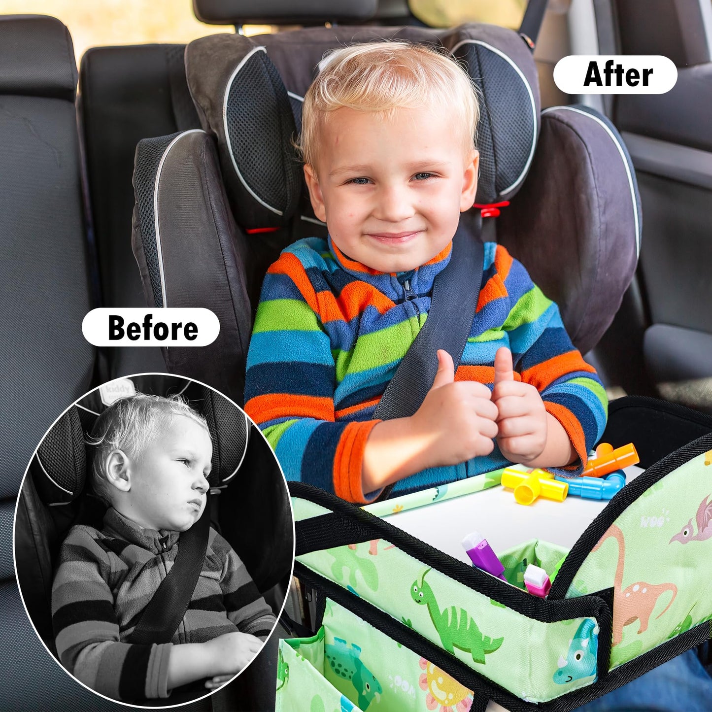WENRENER 2PCS Kids Travel Tray, Car Seat Tray for kids Travel, Toddler Road Trip Essentials With Drawing Kit, Toddler Lap Desk Organizer for Car, Carseat Table for Airplane
