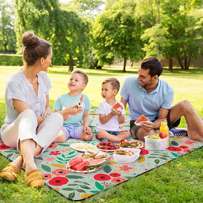 Beach Picnic Blanket Waterproof Sandproof Outdoor Blanket 80''x80'' Extra Large Floral Portable Machine Washable 3 Layer Thick Gingham Picnic Mat for Beach Camping Park Grass(Green)