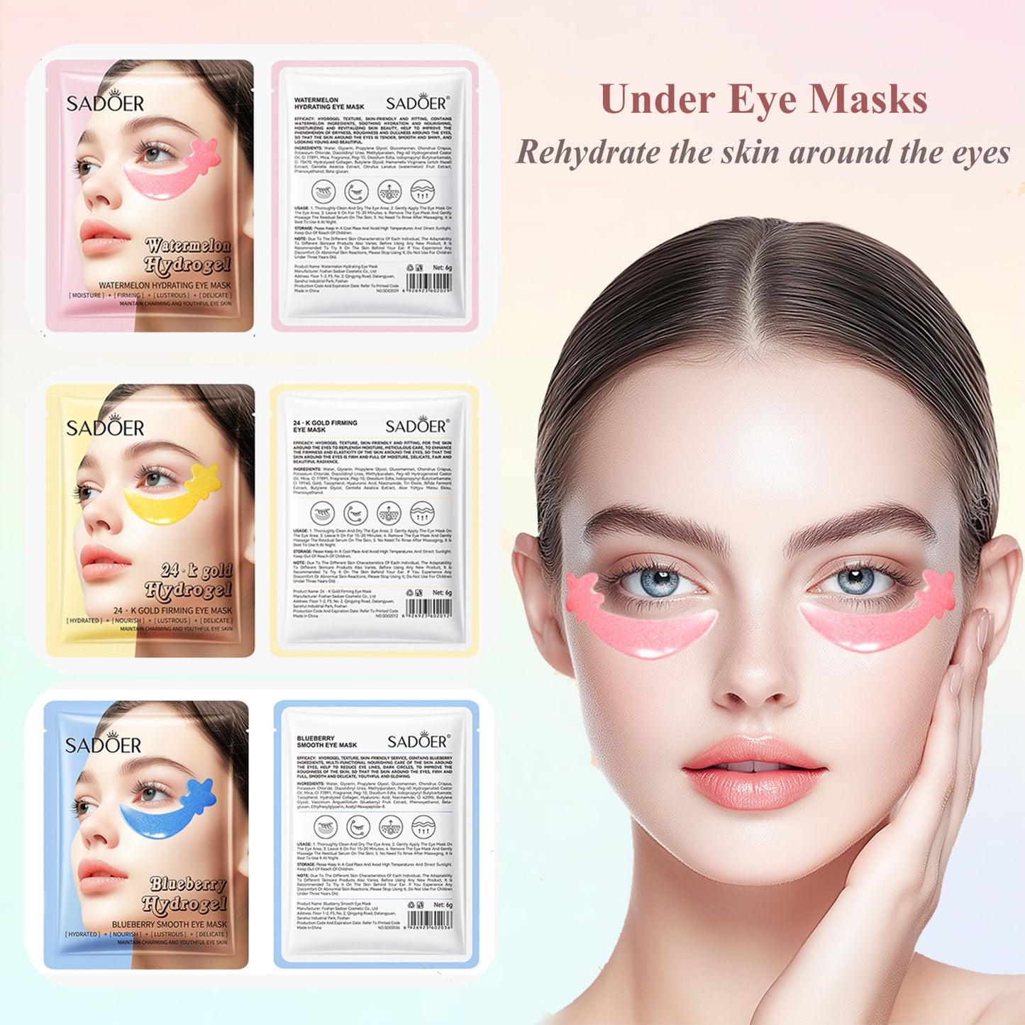 30 Pairs Under Eye Patches,Tri-color Star Under Eye Mask Patches for Sleepover Party,Cooling Eye Patches for Puffy Eyes and Dark Circles,Blueberry+Watermelon+24K Gold Hydrogel Overnight Eye Patches